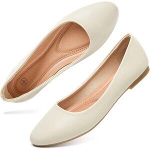 Women's Beige PU Leather Closed Toe Slip on Comfortable Ballet Flats Shoes